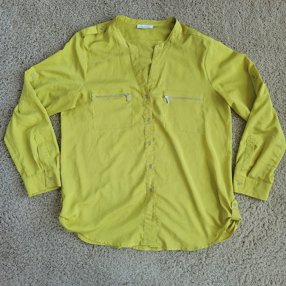 Calvin Klein Button Up Shirt Green Yellow Roll Tab Sleeves Pockets - Size XL?